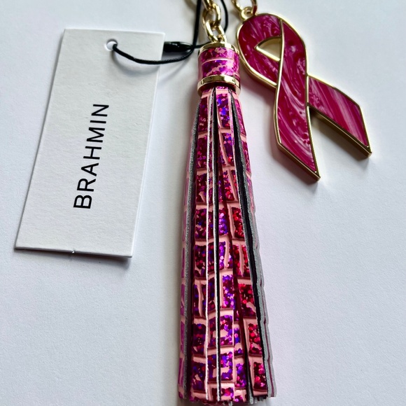 NWT Brahmin EMPOWER Pink Hologram Sparkle 2024 BCA Ribbon Purse Charm Tassel - Picture 1 of 7